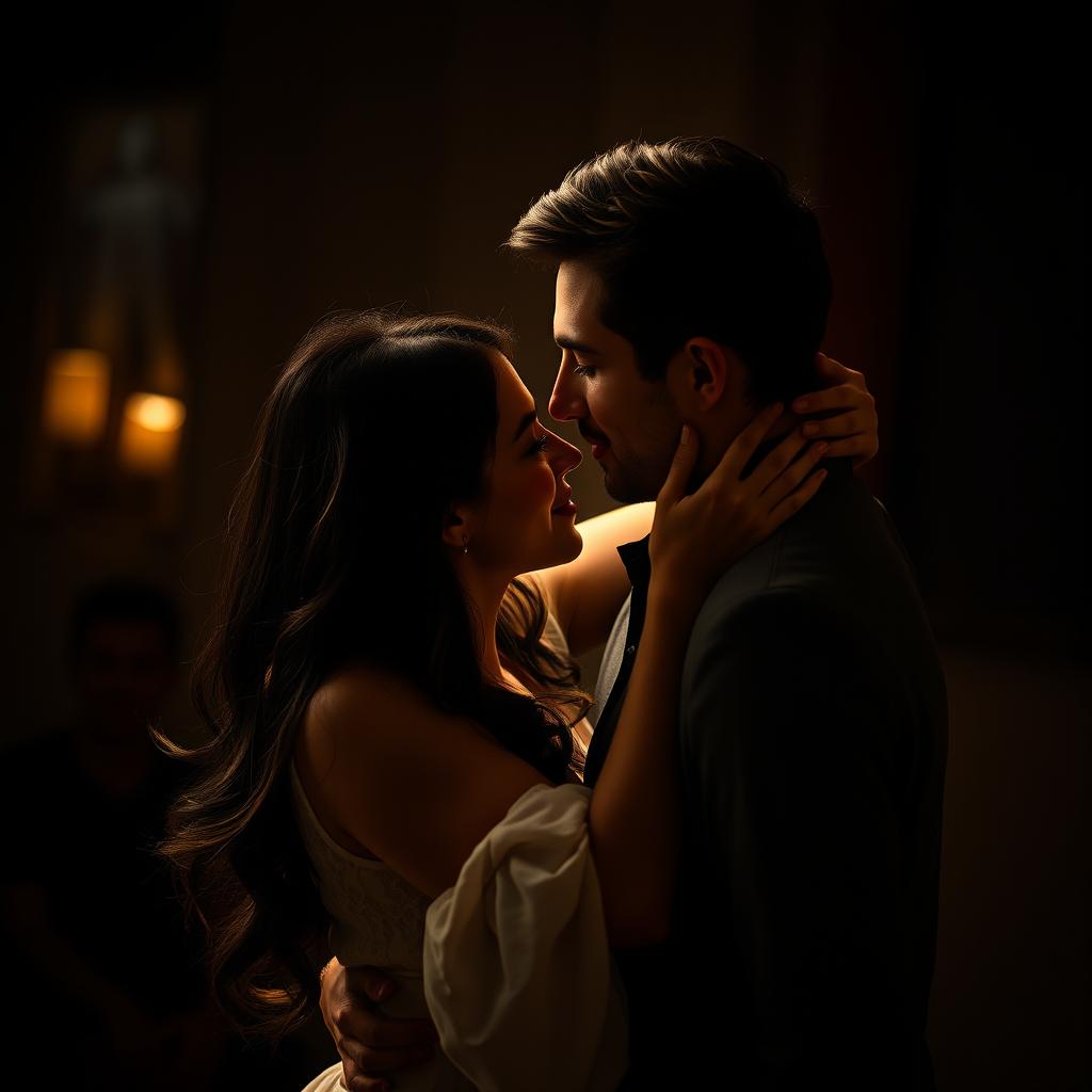 A romantic and intimate scene featuring a couple in an embrace, conveying deep connection and affection in a dimly lit, softly focused setting