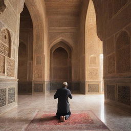 A devoted Muslim individual praying in a historical, architectural masterpiece with intricate designs, displaying attributes of ancient Islamic architecture.