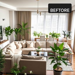 Interior redesign using the same furniture, featuring a well-organized and modern living room