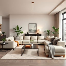 Interior redesign using the same furniture, featuring a well-organized and modern living room