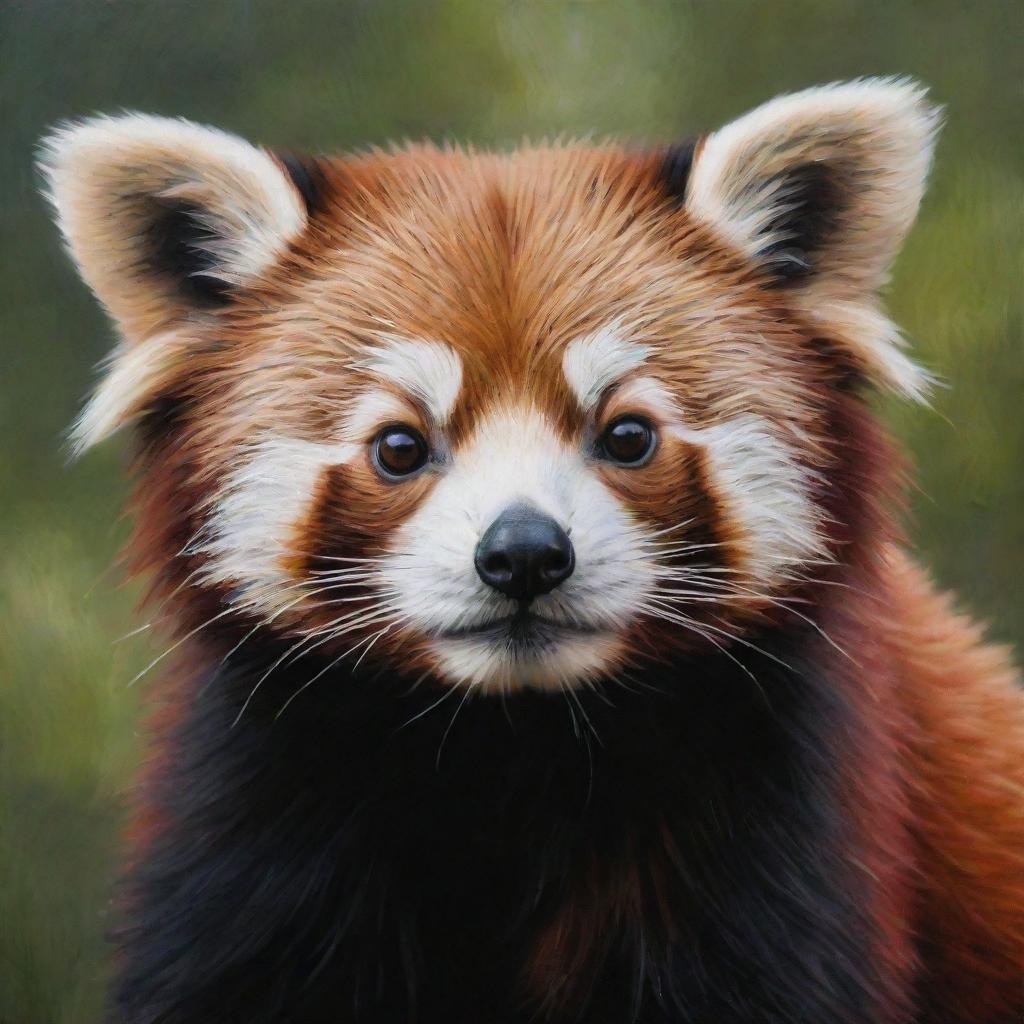 Create an oil painting of a super cute red panda, incorporating rich textures and vibrant colors to embellish its charm. Capture the detailed fur and playful spirit of the red panda.