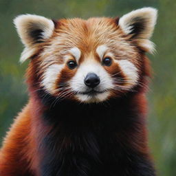 Create an oil painting of a super cute red panda, incorporating rich textures and vibrant colors to embellish its charm. Capture the detailed fur and playful spirit of the red panda.