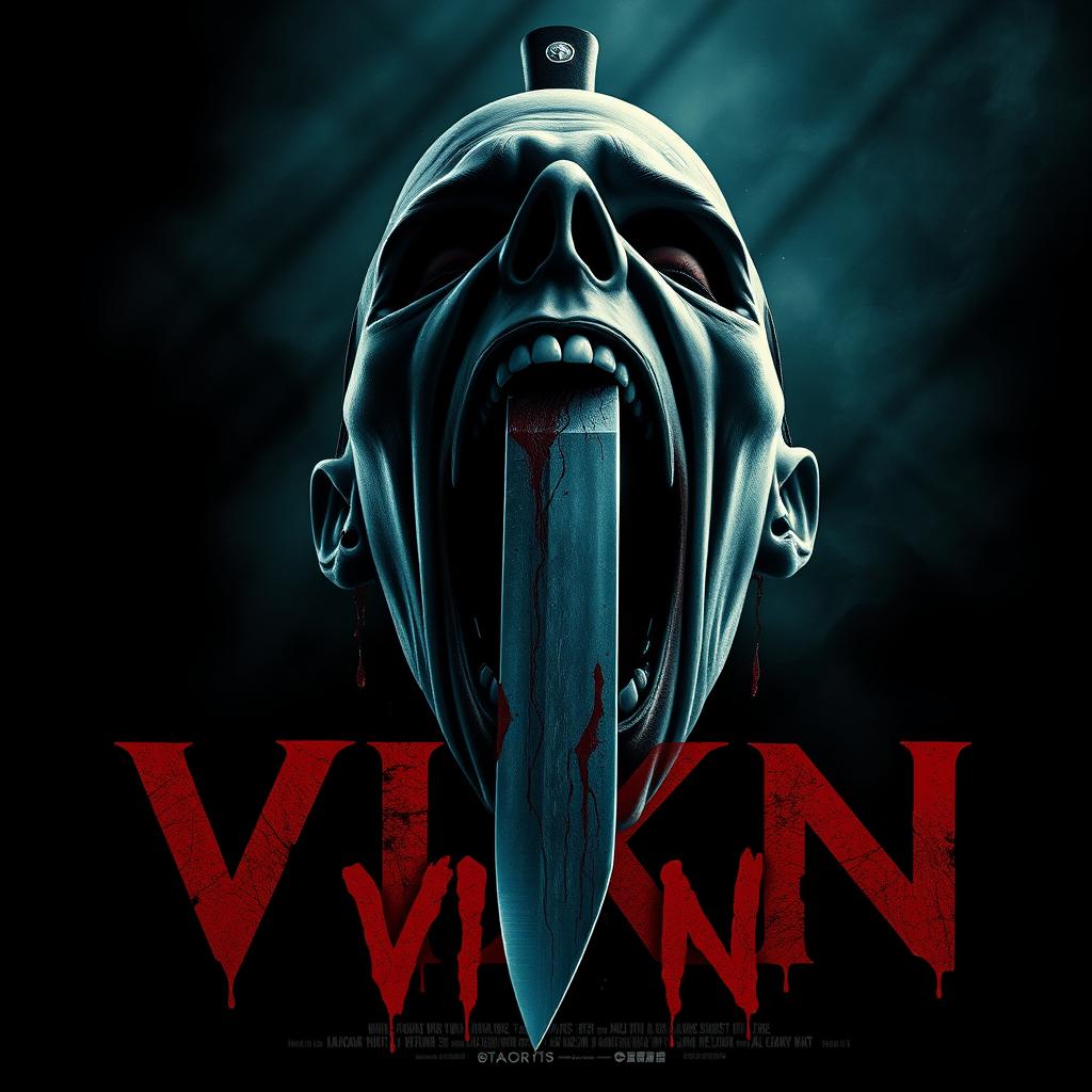 Design a movie poster for the slasher film "VIXN" featuring a central image of a screaming head