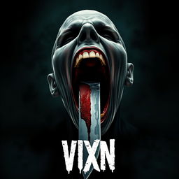 Design a movie poster for the slasher film "VIXN" featuring a central image of a screaming head