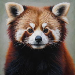 Create an oil painting of a super cute red panda, incorporating rich textures and vibrant colors to embellish its charm. Capture the detailed fur and playful spirit of the red panda.