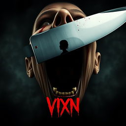 Create a movie poster for the slasher film "VIXN" featuring a central image of a screaming head