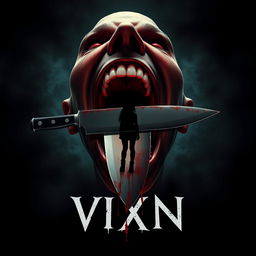 Create a movie poster for the slasher film "VIXN" featuring a central image of a screaming head