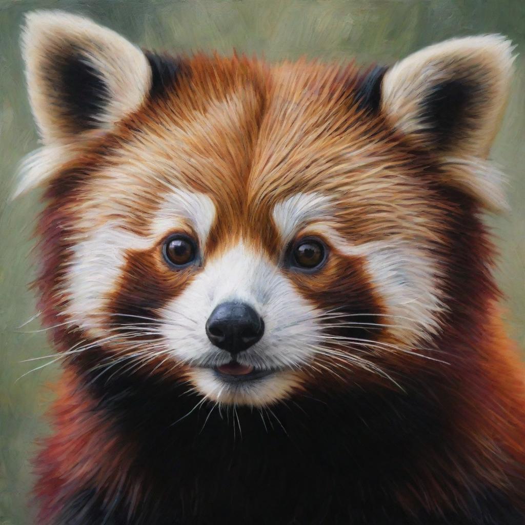 Create an oil painting of a super cute red panda, incorporating rich textures and vibrant colors to embellish its charm. Capture the detailed fur and playful spirit of the red panda.