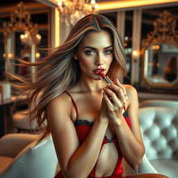 A hyperrealistic image of a stunningly beautiful woman in her mid-twenties, wearing a red and black erotic outfit, applying lipstick in a chic beauty salon