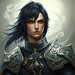 portrait of a mystical warrior with intricate, elaborate armor, featuring black half-length hair and a serious, determined expression mixed with sorrow on their face, giving a sense of depth and emotion