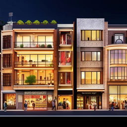 Generate an image of a two-story building with vibrant, bustling shops at the ground floor and a cozy, well-lit house on the first floor.