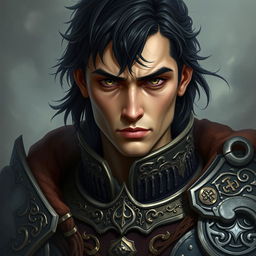 portrait of a mystical warrior with intricate, elaborate armor, featuring black half-length hair and a serious, determined expression mixed with sorrow on their face, giving a sense of depth and emotion