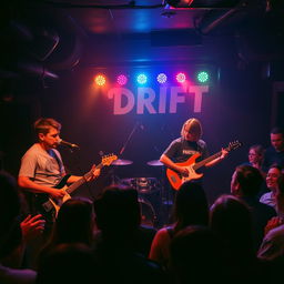 A live performance of a band named Drift, playing in an atmospheric and dimly lit underground venue