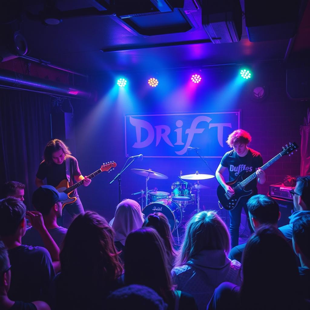 A live performance of a band named Drift, playing in an atmospheric and dimly lit underground venue