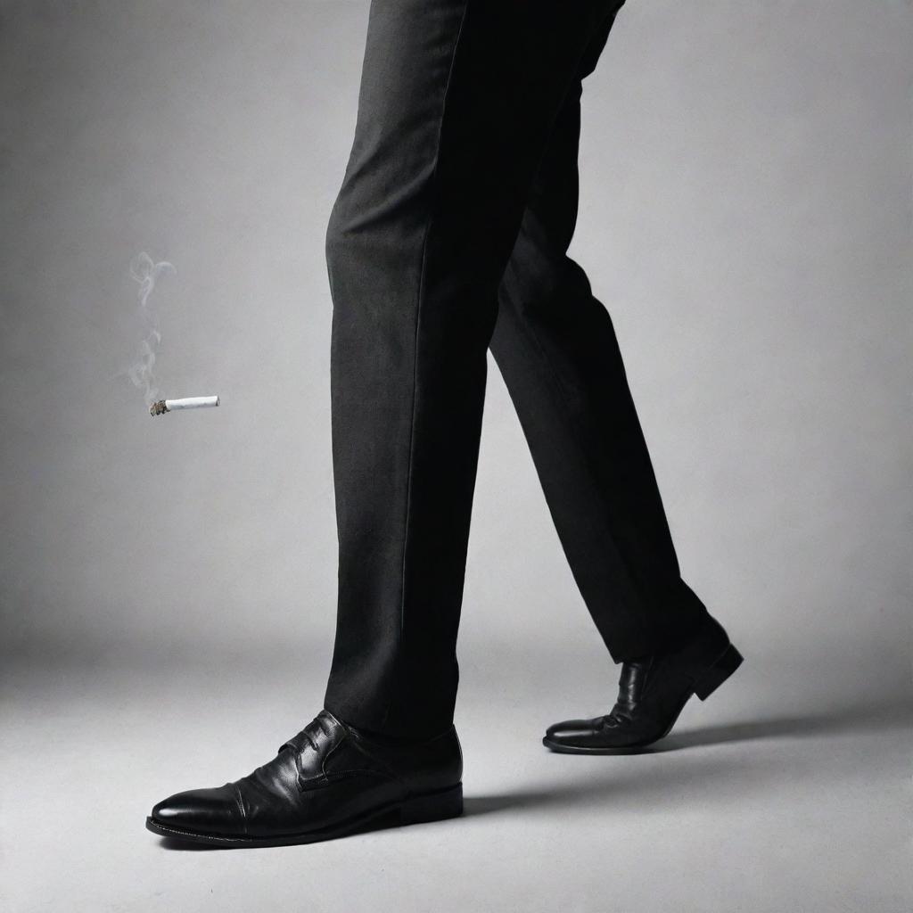 A dramatic image of a man stubbing out a cigarette under his heel