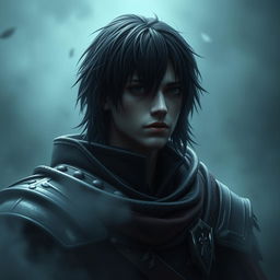 Mystical warrior portrait set in a dark, foggy ambiance