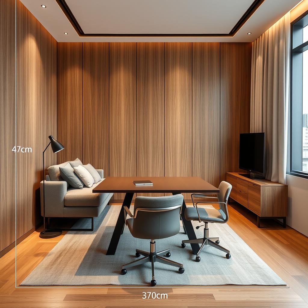 A modern office setup in a room measuring 370 cm by 260 cm, featuring elegant wooden accents throughout