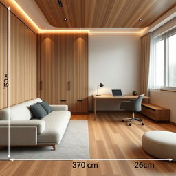 A modern office setup in a room measuring 370 cm by 260 cm, featuring elegant wooden accents throughout