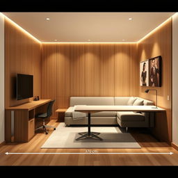 A modern office setup in a room measuring 370 cm by 260 cm, featuring elegant wooden accents throughout