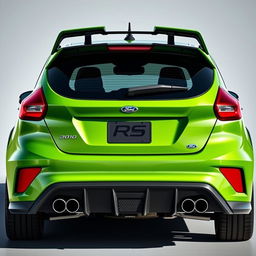 A captivating rear view of an AWD 2-door hatchback coupe, blending the 2024 Ford Fiesta ST design with the robust rear bumper of the 2018 Focus RS