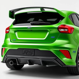 A captivating rear view of an AWD 2-door hatchback coupe, blending the 2024 Ford Fiesta ST design with the robust rear bumper of the 2018 Focus RS