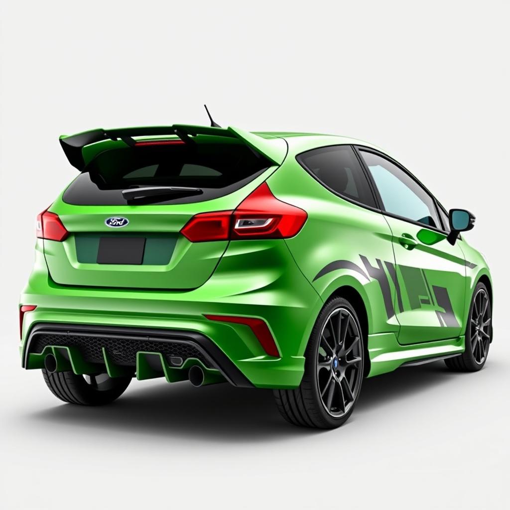 An angled side view from the back of a 2-door hatchback coupe, inspired by the 2024 Ford Fiesta ST design