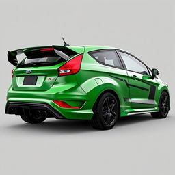 An angled side view from the back of a 2-door hatchback coupe, inspired by the 2024 Ford Fiesta ST design