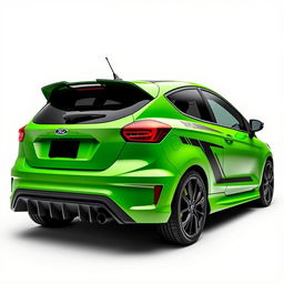 An angled side view from the back of a 2-door hatchback coupe, inspired by the 2024 Ford Fiesta ST design