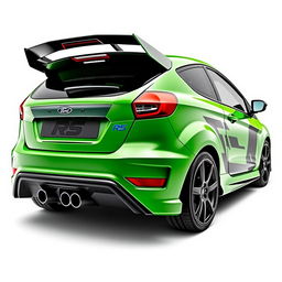 An angled side view from the back of a 2-door hatchback coupe, inspired by the 2024 Ford Fiesta ST design