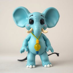 An amorphous toy-like woman-elephant creature with a light blue body and a long black tail