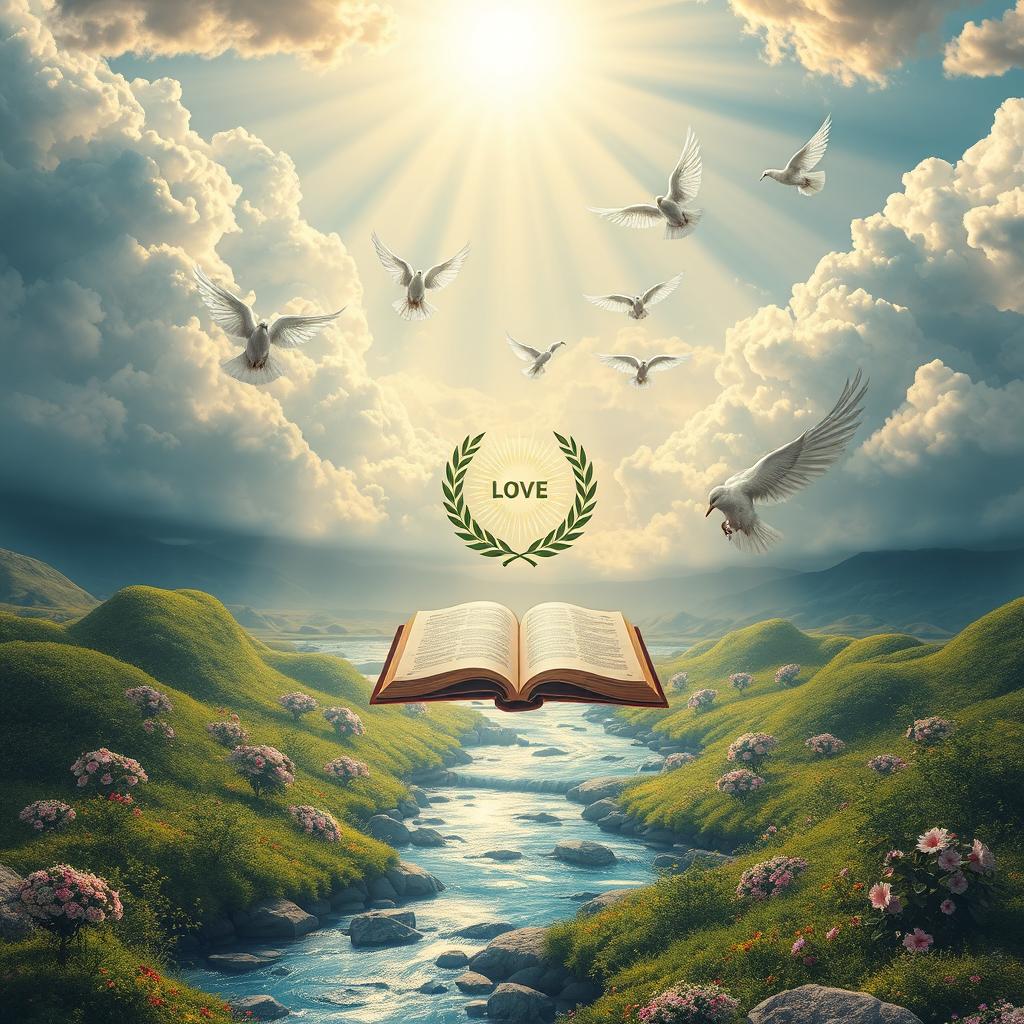 Heavenly kingdom mindset, a surreal landscape symbolizing peace, love, and eternal wisdom