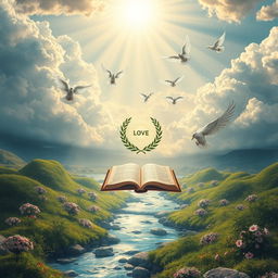 Heavenly kingdom mindset, a surreal landscape symbolizing peace, love, and eternal wisdom