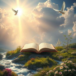 Heavenly kingdom mindset, a surreal landscape symbolizing peace, love, and eternal wisdom