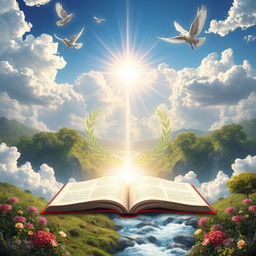 Heavenly kingdom mindset, a surreal landscape symbolizing peace, love, and eternal wisdom