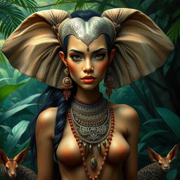 A mythical woman with features inspired by an elephant, portraying her as a majestic and strong figure