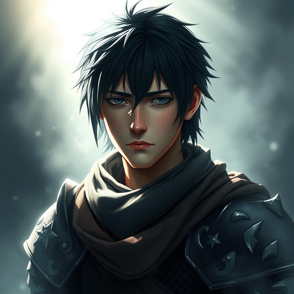 Mystical warrior portrait set in a dark, foggy ambiance with sunlight shining on his face