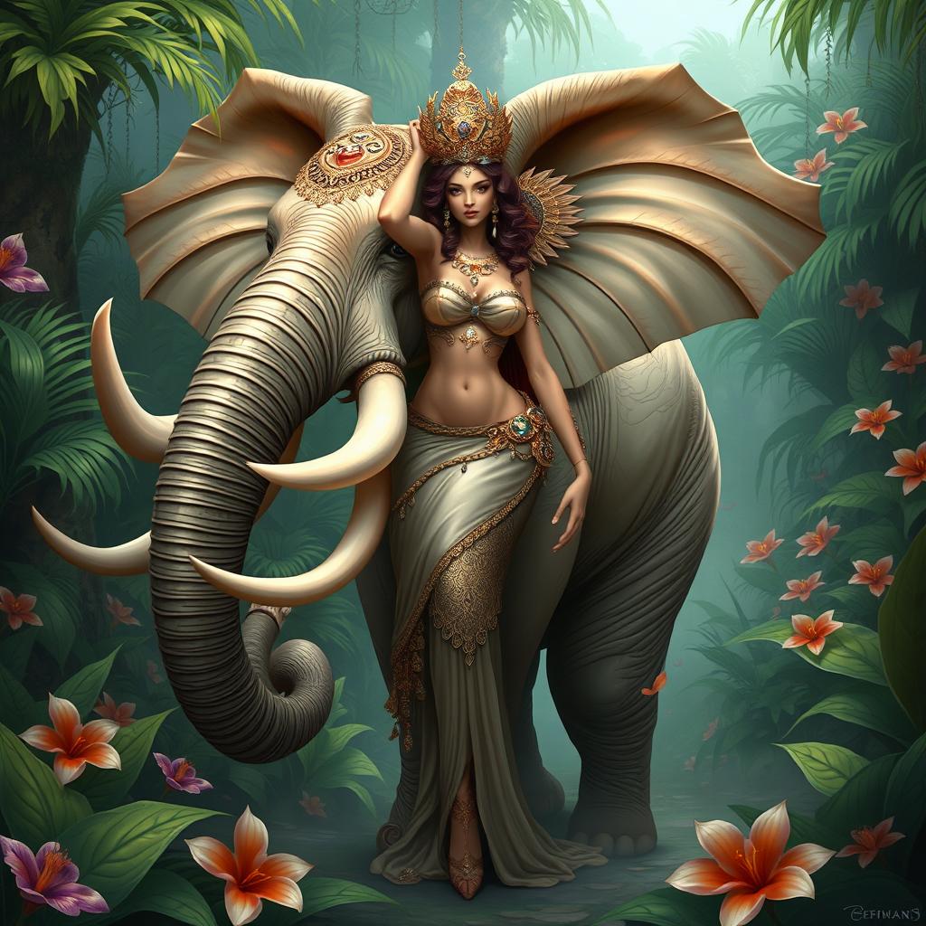 A fantasy depiction of an elephant woman, combining the characteristics of an elephant like the trunk, tusks, and ears with human feminine features such as a graceful figure, elegant posture, and intricate jewelry