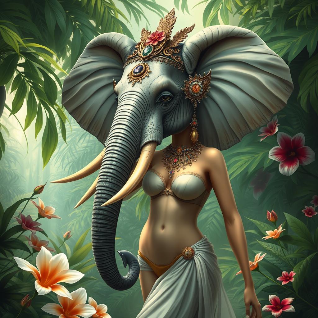 A fantasy depiction of an elephant woman, combining the characteristics of an elephant like the trunk, tusks, and ears with human feminine features such as a graceful figure, elegant posture, and intricate jewelry