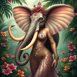 A fantasy depiction of an elephant woman, combining the characteristics of an elephant like the trunk, tusks, and ears with human feminine features such as a graceful figure, elegant posture, and intricate jewelry