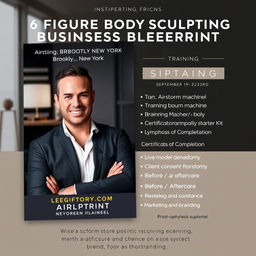 A professional and sleek flyer designed to promote the "6 Figure Body Sculpting Business Blueprint Training" class in Brooklyn, New York, taking place from September 19-23rd