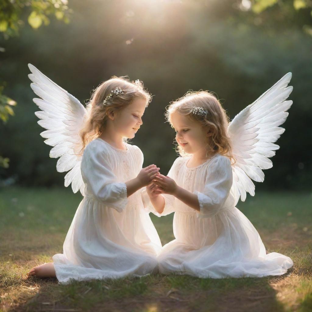 Two small children, best friends, playing in a serene outdoor setting. Suddenly, a gentle, ethereal angel with glowing wings descends, surrounding them with an aura of peace and tranquility.