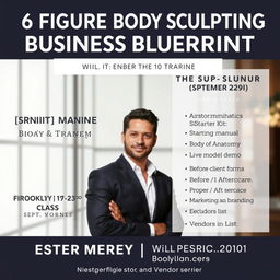 A professional and sleek flyer designed to promote the "6 Figure Body Sculpting Business Blueprint Training" class in Brooklyn, New York, taking place from September 19-23rd