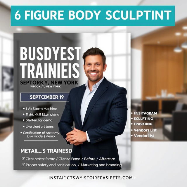 A professional and sleek flyer designed to promote the "6 Figure Body Sculpting Business Blueprint Training" class in Brooklyn, New York, taking place from September 19-23rd