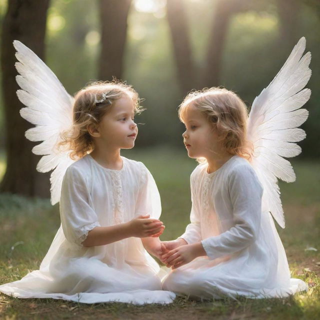 Two small children, best friends, playing in a serene outdoor setting. Suddenly, a gentle, ethereal angel with glowing wings descends, surrounding them with an aura of peace and tranquility.