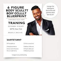 A professional and sleek flyer designed to promote the "6 Figure Body Sculpting Business Blueprint Training" class in Brooklyn, New York, scheduled from September 19-23rd