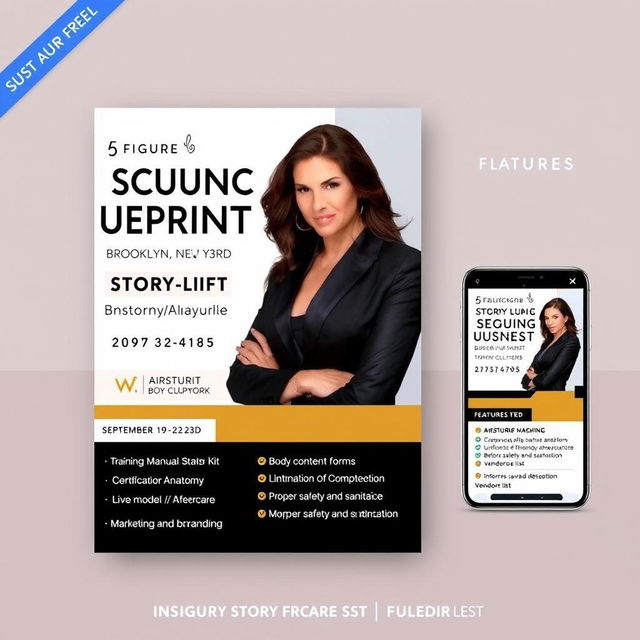 A professional and sleek flyer designed to promote the "6 Figure Body Sculpting Business Blueprint Training" class in Brooklyn, New York, scheduled from September 19-23rd