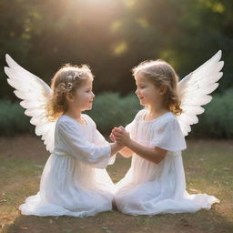 Two small children, best friends, playing in a serene outdoor setting. Suddenly, a gentle, ethereal angel with glowing wings descends, surrounding them with an aura of peace and tranquility.