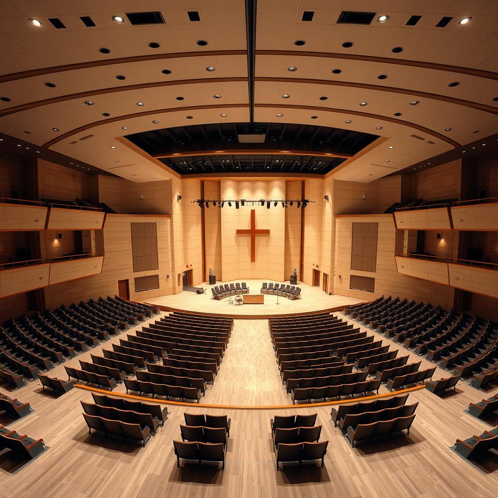 A grand worship auditorium with a central or end-stage layout