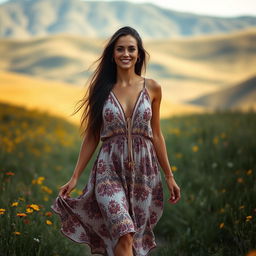 A confident woman with a carefree spirit, walking through a sunlit meadow