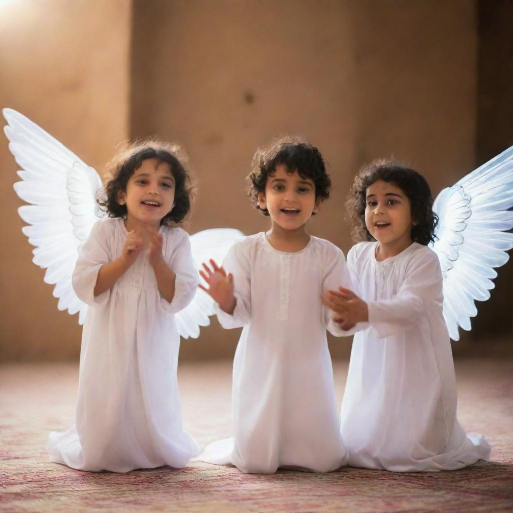 Two young Arabic children engaged in playful activities. Behind them, unseen by them, an angel with a luminescent aura and peaceful expression watches over their play.